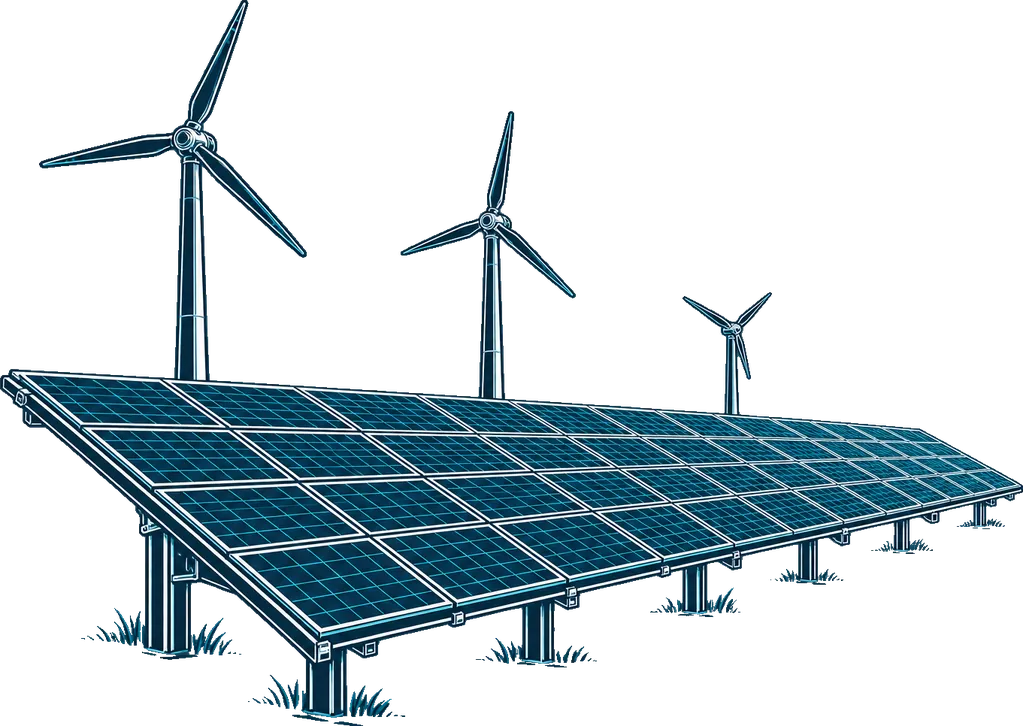 Drawing of solar panels and wind turbines