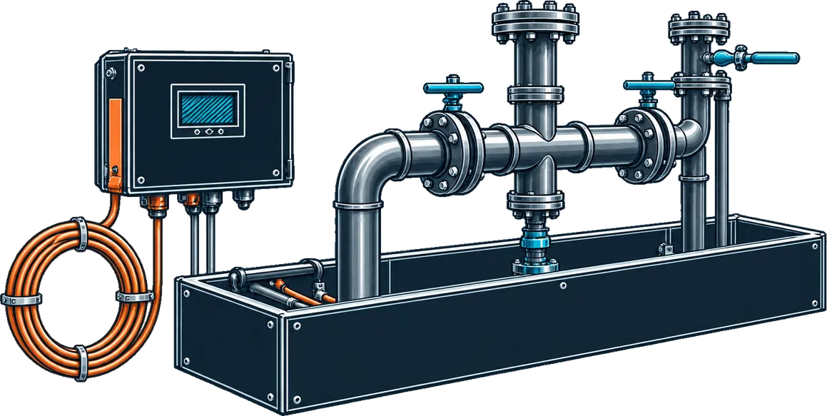 Drawing of pipework over a containment tray with a leak sensor
